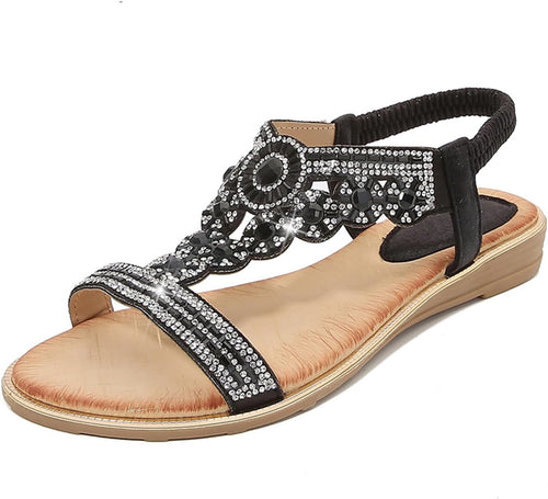 Sandals for Women Low Wedge Heel Bohemian Sandals Ladies Diamante Rhinestones Slingback Sandal Flat Open Toe Shoes for Summer Vacation Beach