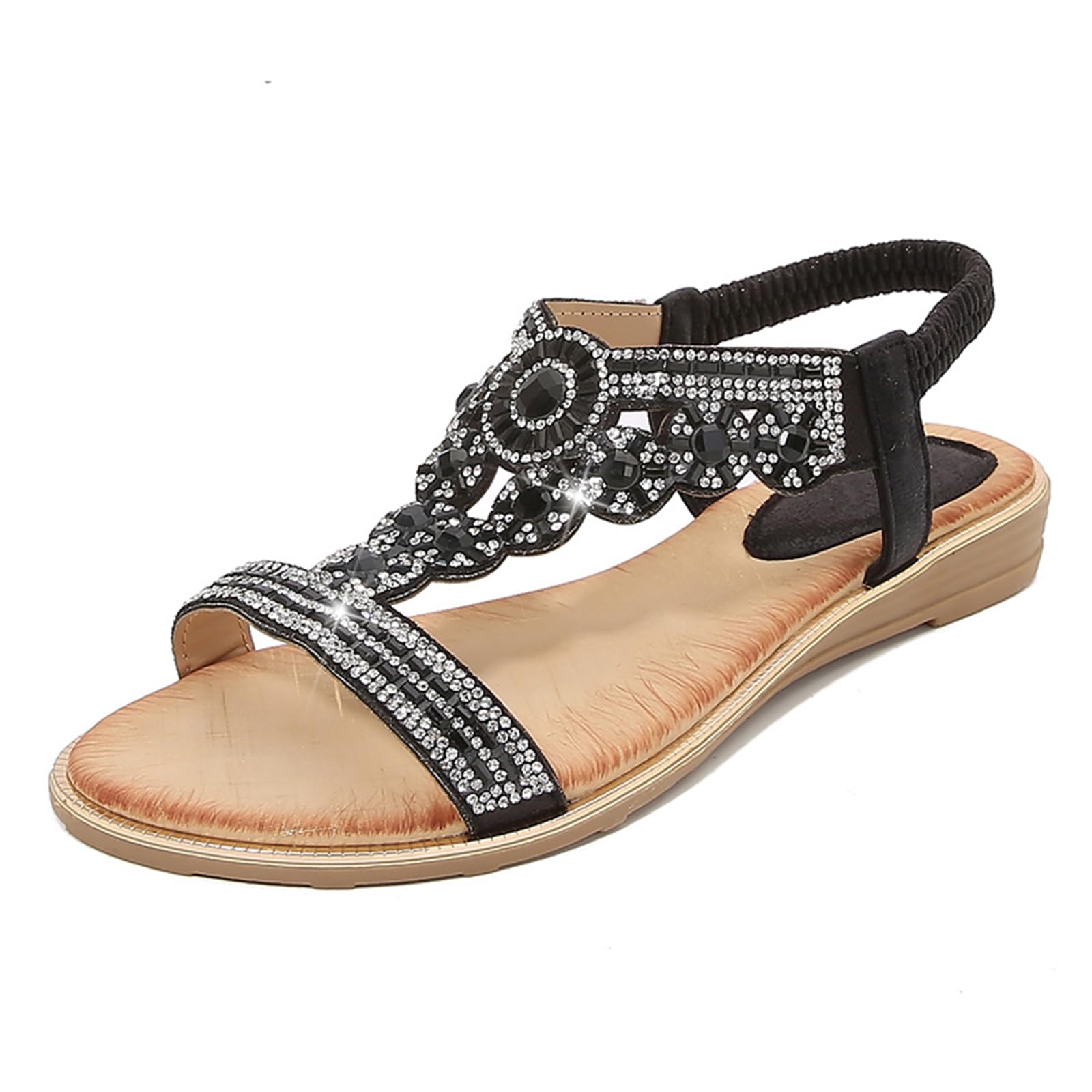 Sandals for Women Low Wedge Heel Bohemian Sandals Ladies Diamante Rhinestones Slingback Sandal Flat Open Toe Shoes for Summer Vacation Beach