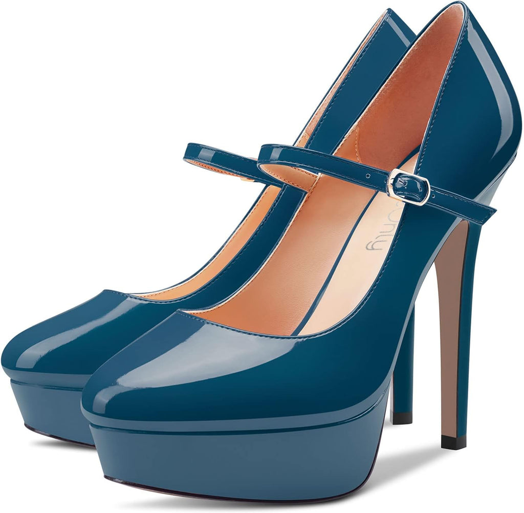 NobleOnly Women Stiletto High Heel Platform Round Toe Pumps Court Shoe Mary Jane Party Wedding Dress 13 CM Heels