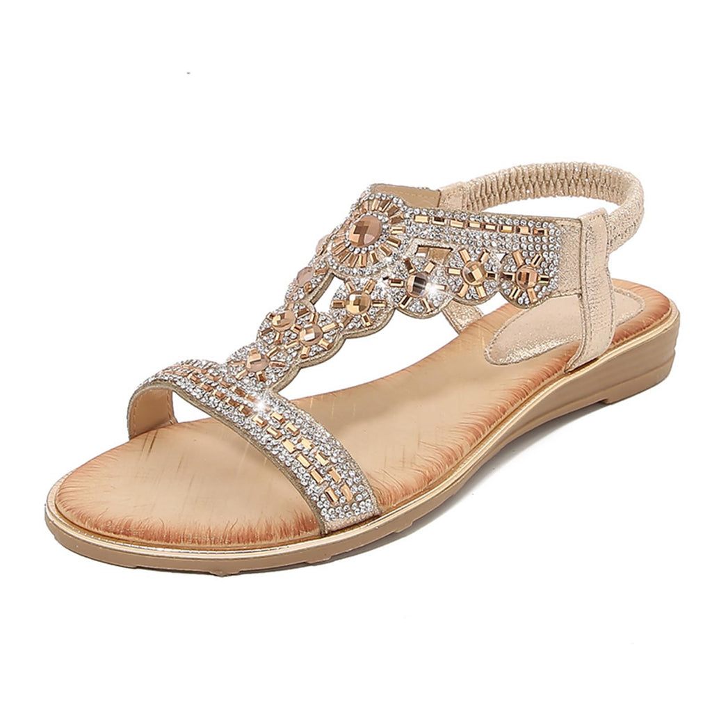 Sandals for Women Low Wedge Heel Bohemian Sandals Ladies Diamante Rhinestones Slingback Sandal Flat Open Toe Shoes for Summer Vacation Beach