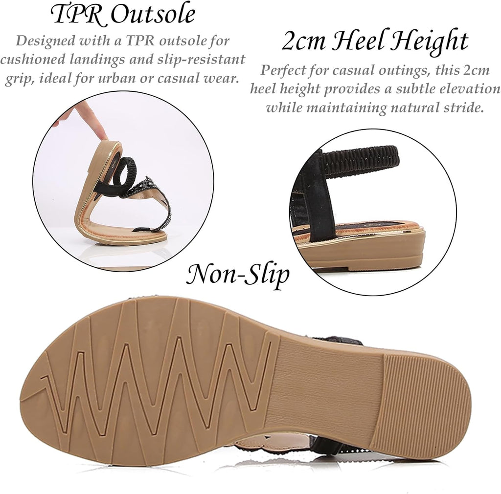 Sandals for Women Low Wedge Heel Bohemian Sandals Ladies Diamante Rhinestones Slingback Sandal Flat Open Toe Shoes for Summer Vacation Beach