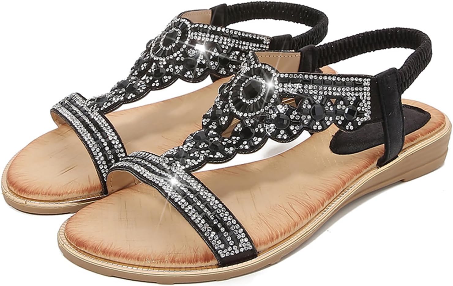 Sandals for Women Low Wedge Heel Bohemian Sandals Ladies Diamante Rhinestones Slingback Sandal Flat Open Toe Shoes for Summer Vacation Beach