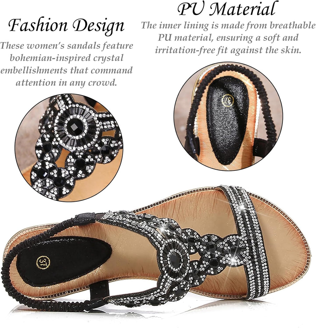 Sandals for Women Low Wedge Heel Bohemian Sandals Ladies Diamante Rhinestones Slingback Sandal Flat Open Toe Shoes for Summer Vacation Beach