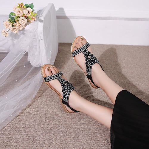 Sandals for Women Low Wedge Heel Bohemian Sandals Ladies Diamante Rhinestones Slingback Sandal Flat Open Toe Shoes for Summer Vacation Beach