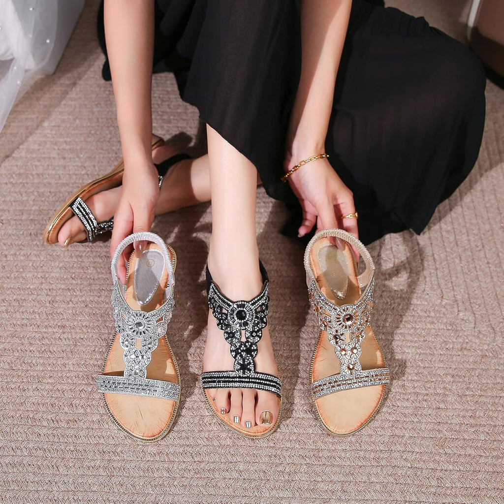 Sandals for Women Low Wedge Heel Bohemian Sandals Ladies Diamante Rhinestones Slingback Sandal Flat Open Toe Shoes for Summer Vacation Beach