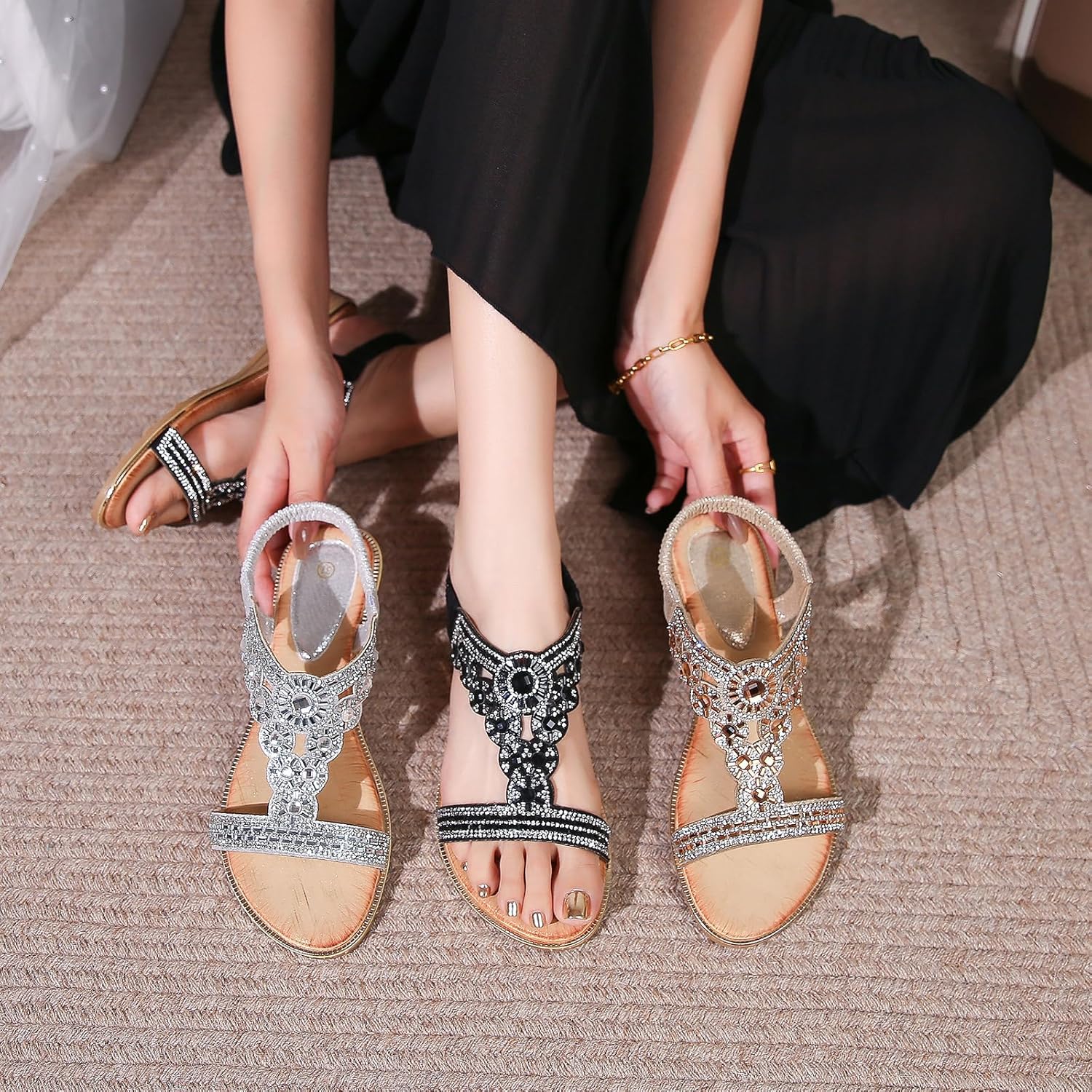 Sandals for Women Low Wedge Heel Bohemian Sandals Ladies Diamante Rhinestones Slingback Sandal Flat Open Toe Shoes for Summer Vacation Beach
