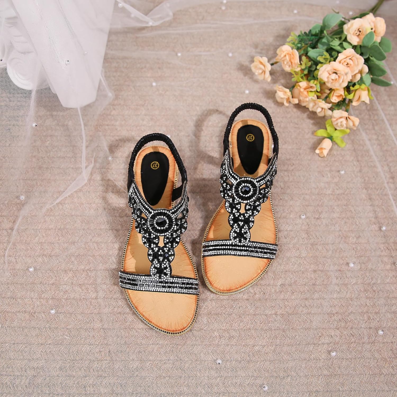 Sandals for Women Low Wedge Heel Bohemian Sandals Ladies Diamante Rhinestones Slingback Sandal Flat Open Toe Shoes for Summer Vacation Beach